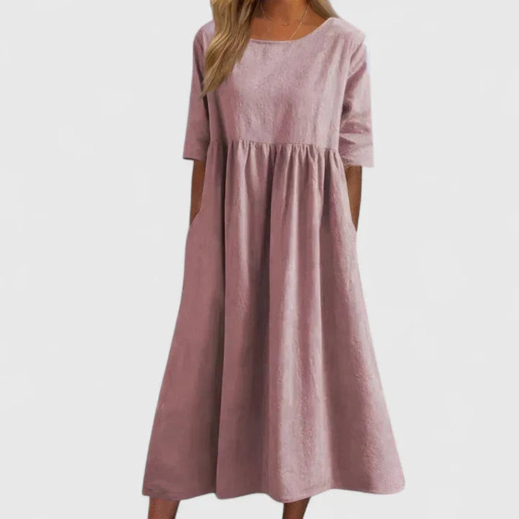 Women's A-Line Half Sleeve Long Dress Flowy Midi Pockets - Pink
