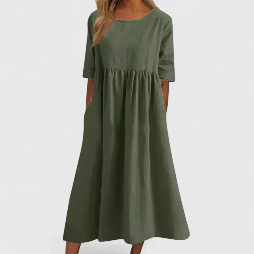 Women's A-Line Half Sleeve Long Dress Flowy Midi Pockets - Green