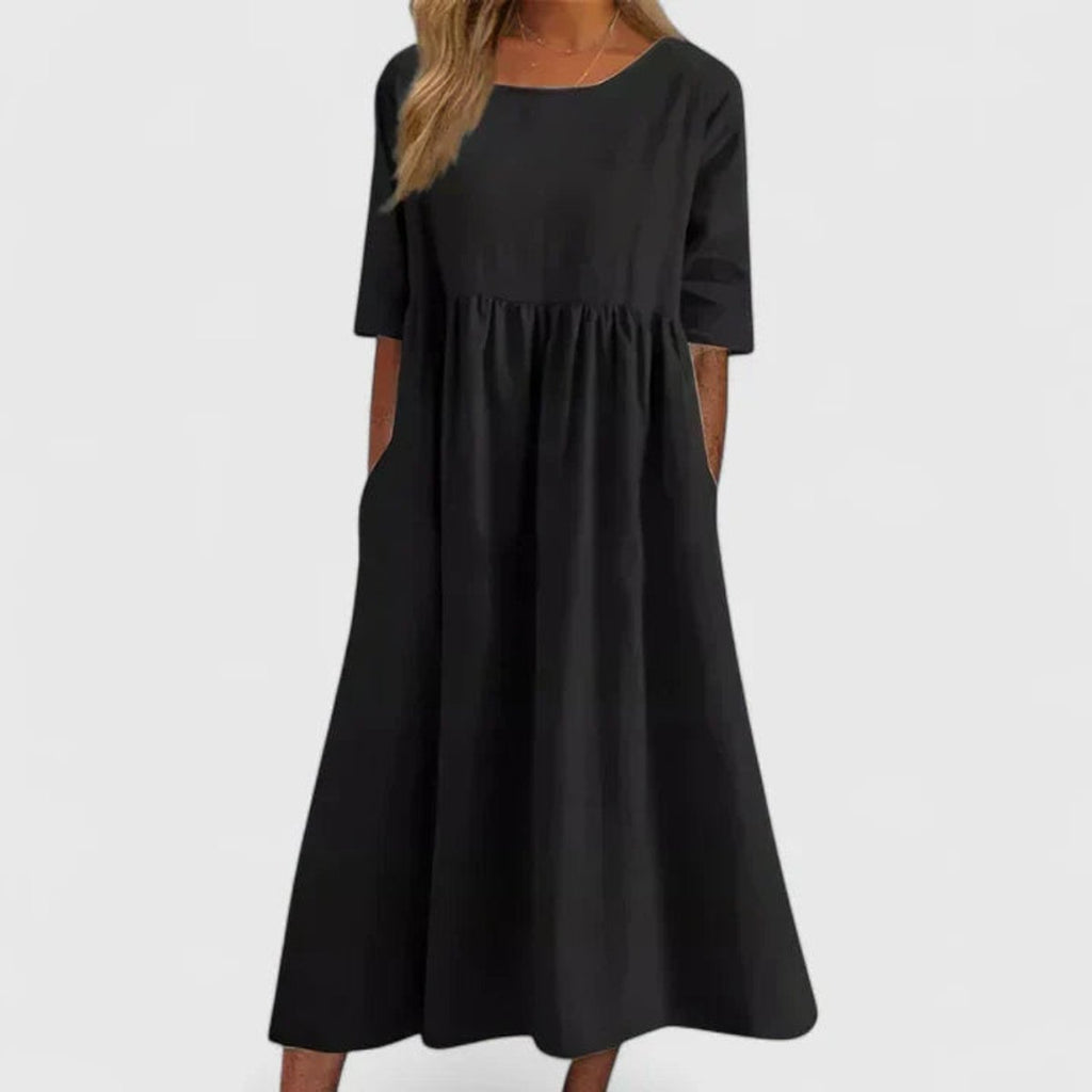 Women's A-Line Half Sleeve Long Dress Flowy Midi Pockets - Black