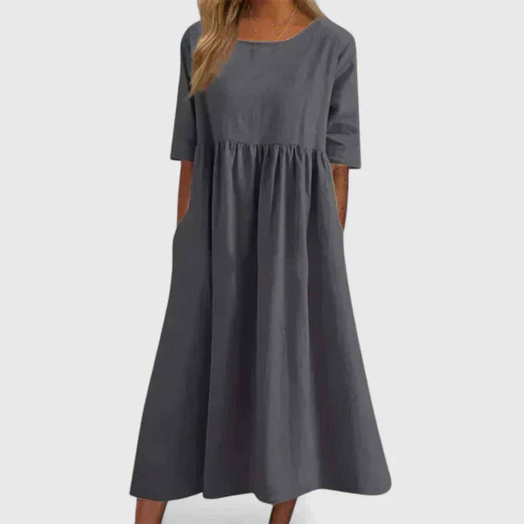 Women's A-Line Half Sleeve Long Dress Flowy Midi Pockets - Gray