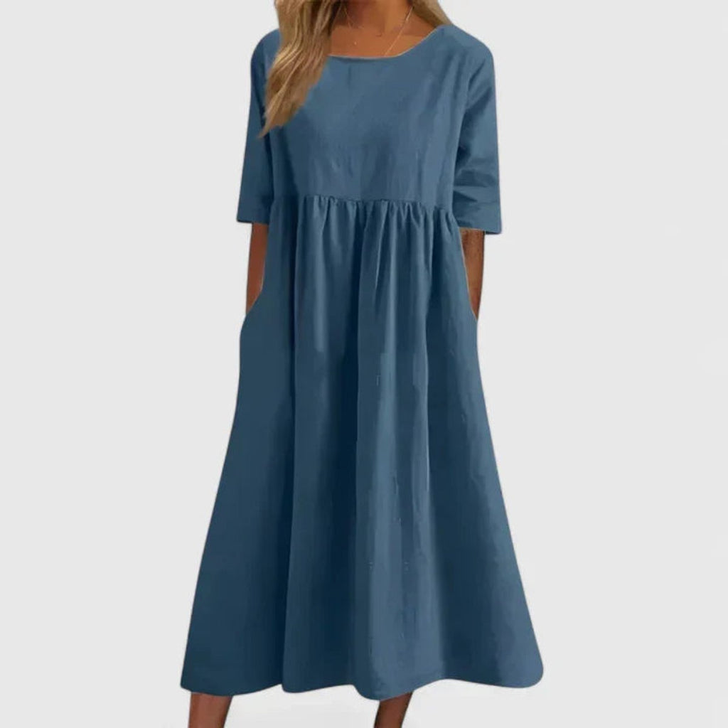 Women's A-Line Half Sleeve Long Dress Flowy Midi Pockets - Blue