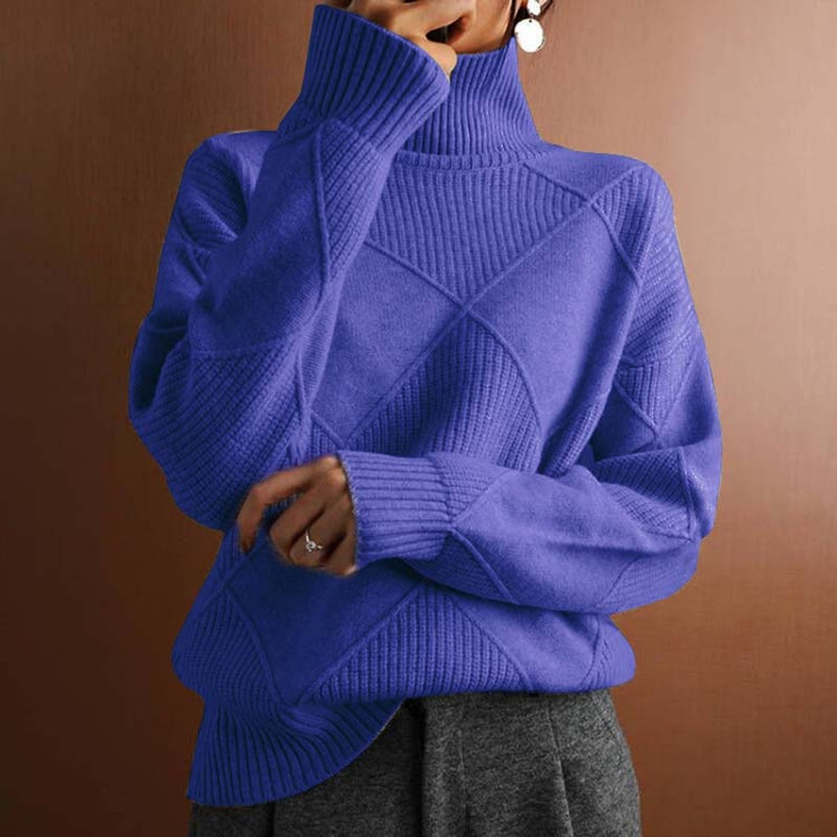 Women's Argyle Knit Mock-Neck Turtleneck Sweater - Blue