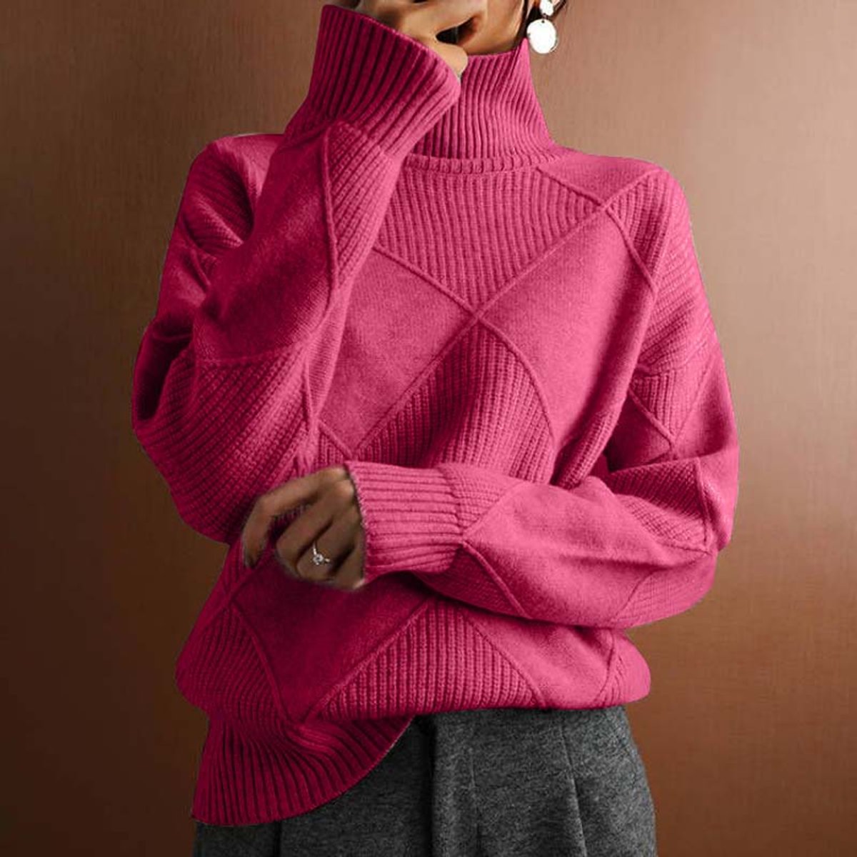 Women's Argyle Knit Mock-Neck Turtleneck Sweater - Pink