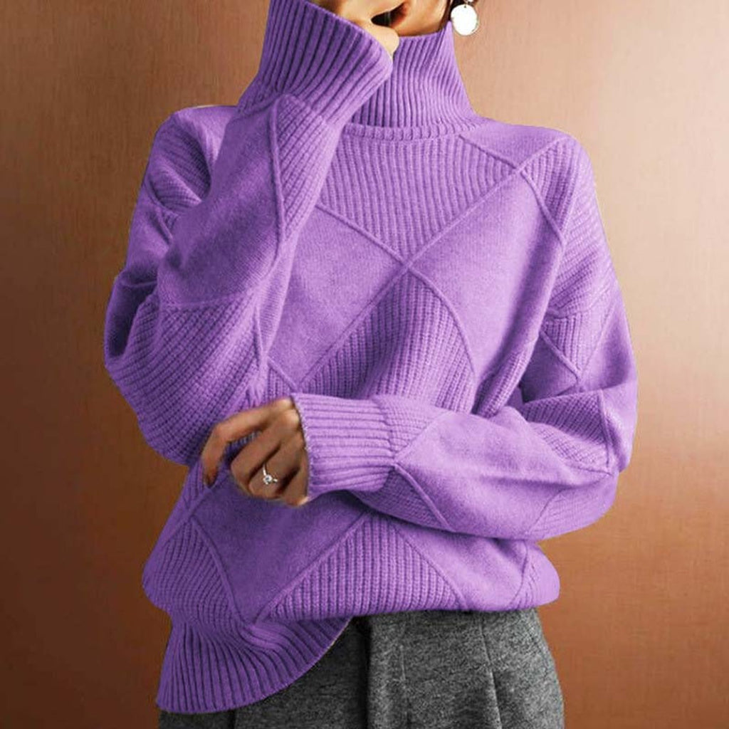 Women's Argyle Knit Mock-Neck Turtleneck Sweater - Light Lilac
