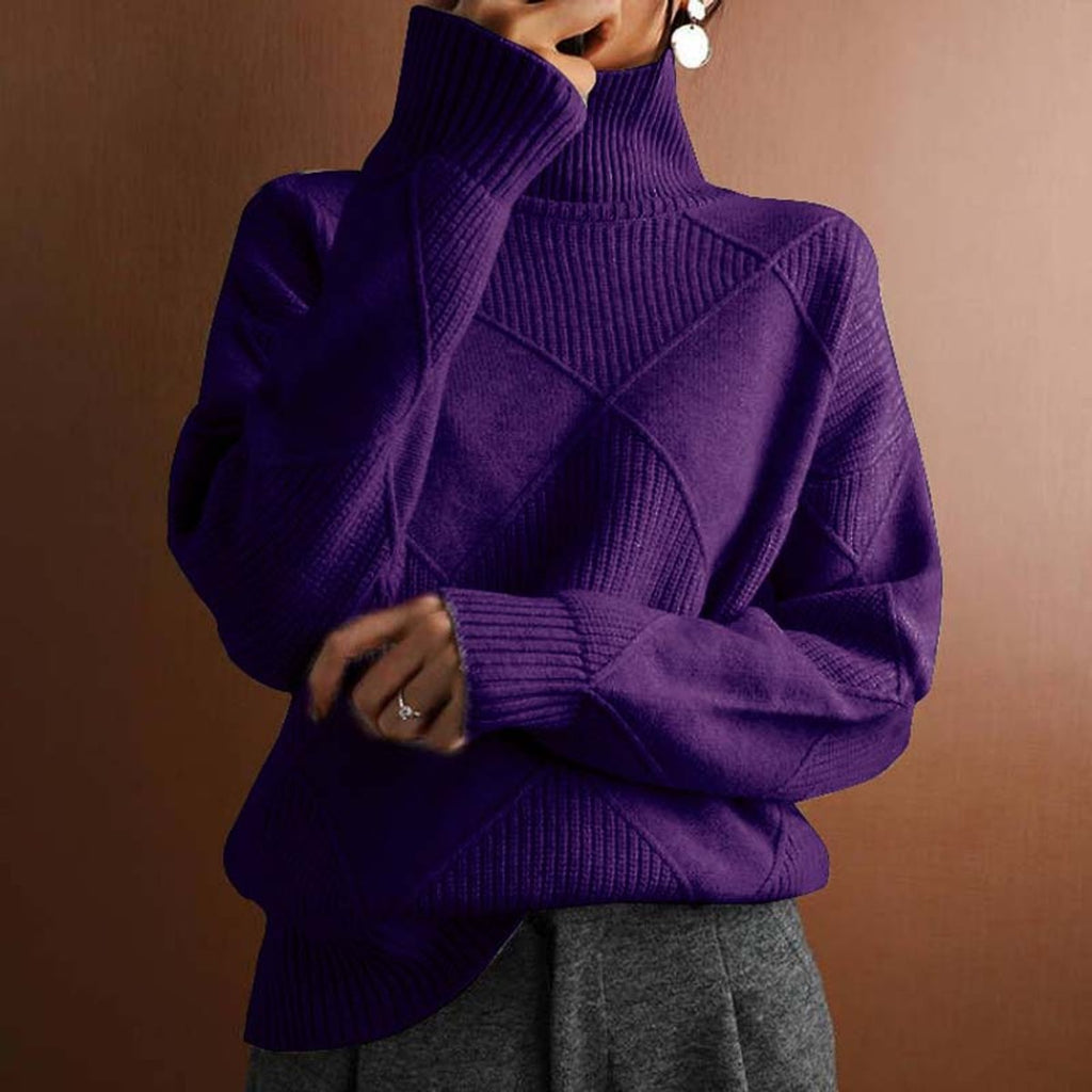 Women's Argyle Knit Mock-Neck Turtleneck Sweater - Dark Purple
