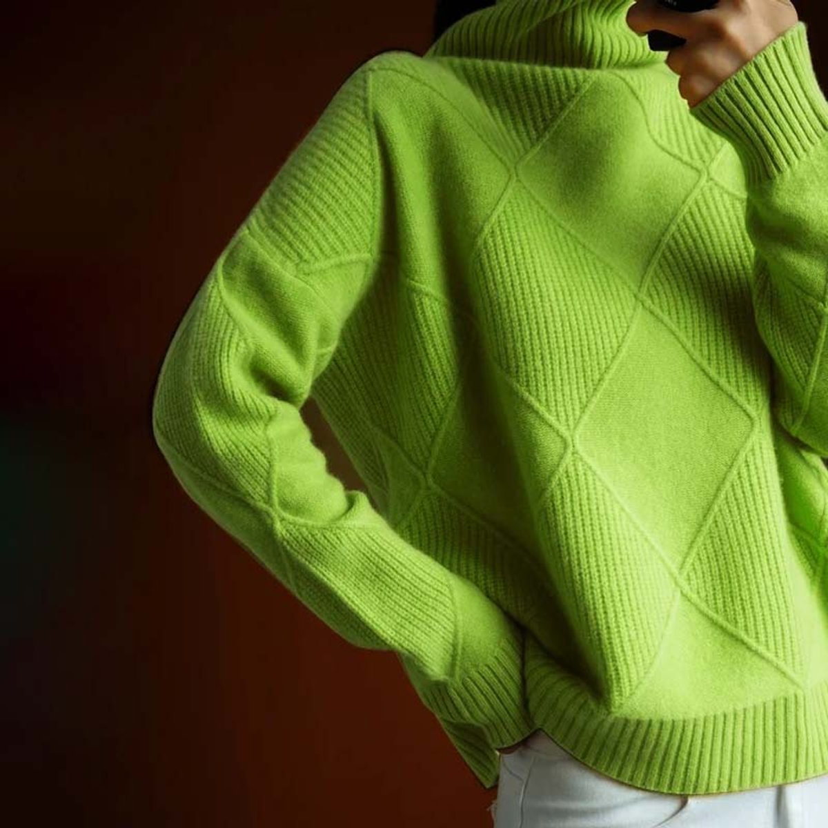 Women's Argyle Knit Mock-Neck Turtleneck Sweater
