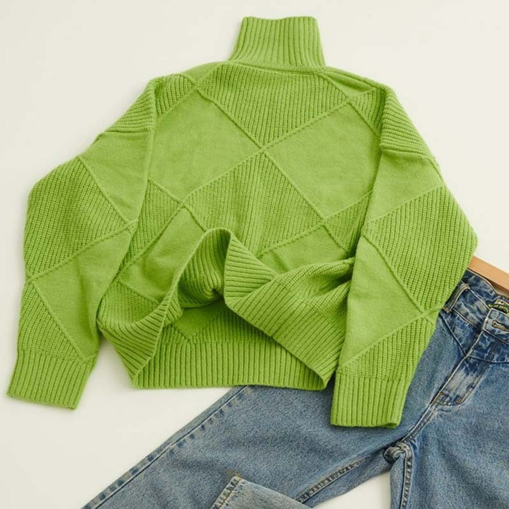 Women's Argyle Knit Mock-Neck Turtleneck Sweater