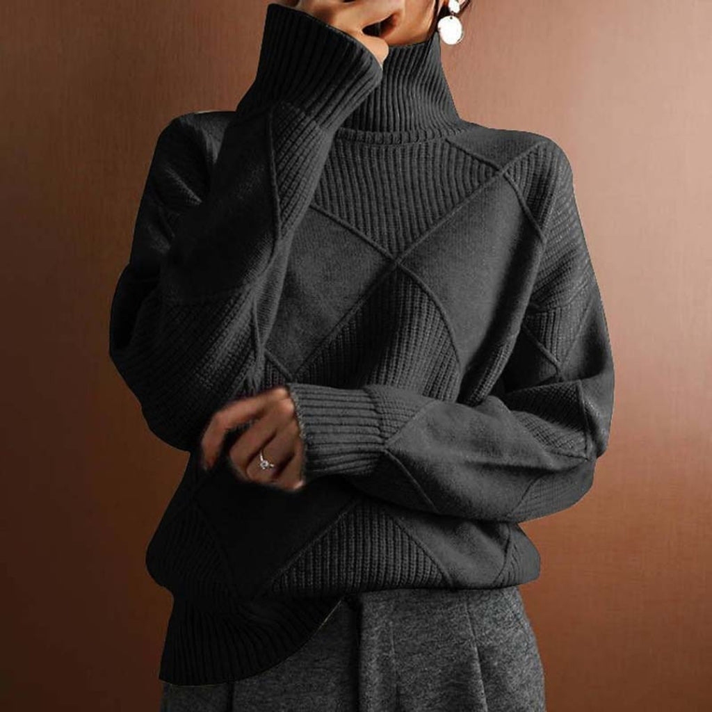 Women's Argyle Knit Mock-Neck Turtleneck Sweater - Black