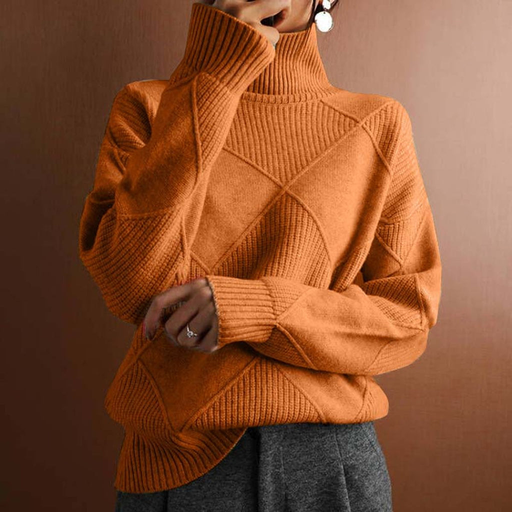 Women's Argyle Knit Mock-Neck Turtleneck Sweater - Orange