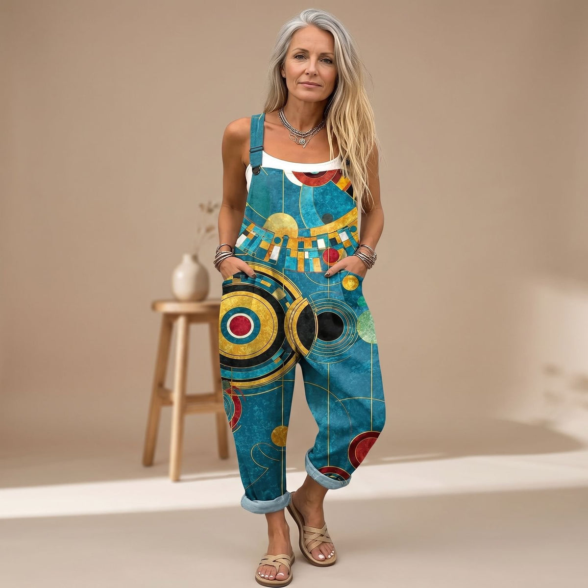 Women's Art Deco Geometric Print Relaxed-Fit Overall Jumpsuit