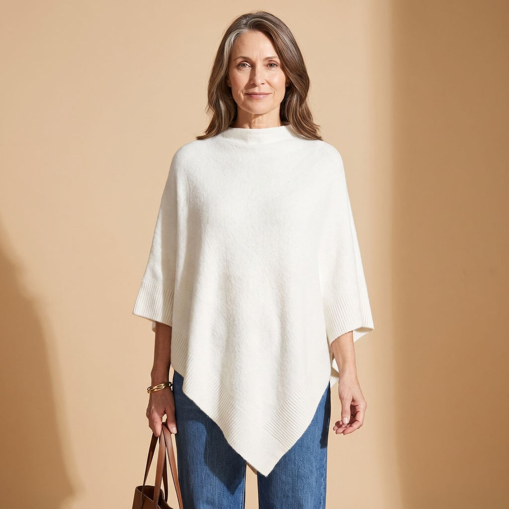 Women's Asymmetric Knit Cape Poncho Draped Soft Sweater - Ivory