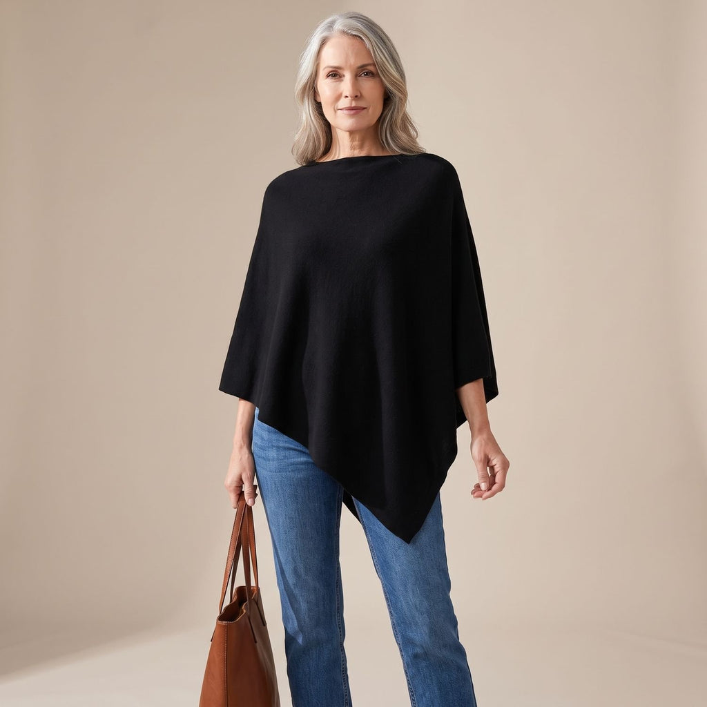 Women's Asymmetric Knit Cape Poncho Draped Soft Sweater - Black