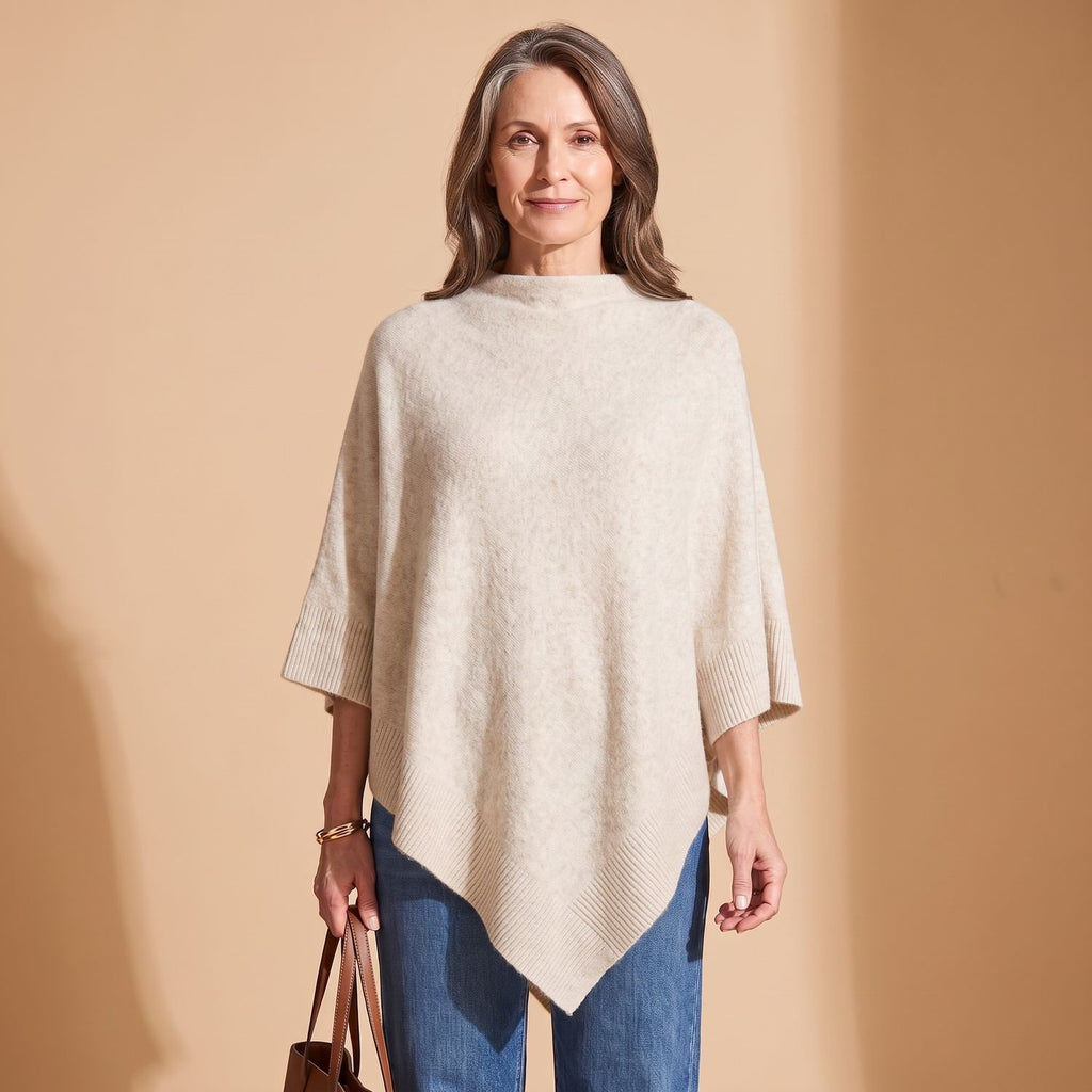Women's Asymmetric Knit Cape Poncho Draped Soft Sweater - Beige