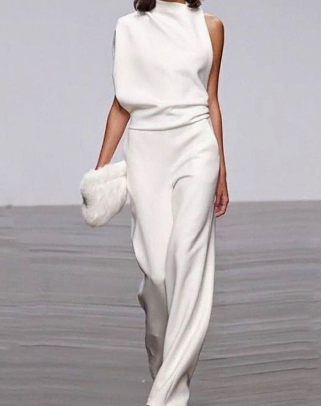 Women's Asymmetric One-Shoulder Jumpsuit High-Neck Wide-Leg Formal - White