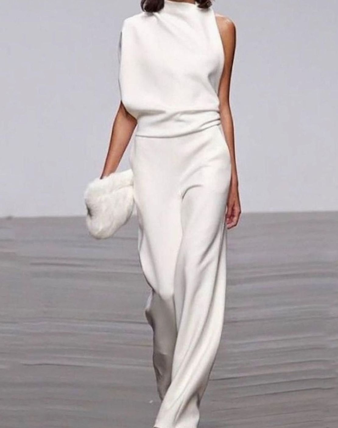 Women's Asymmetric One-Shoulder Jumpsuit High-Neck Wide-Leg Formal - White