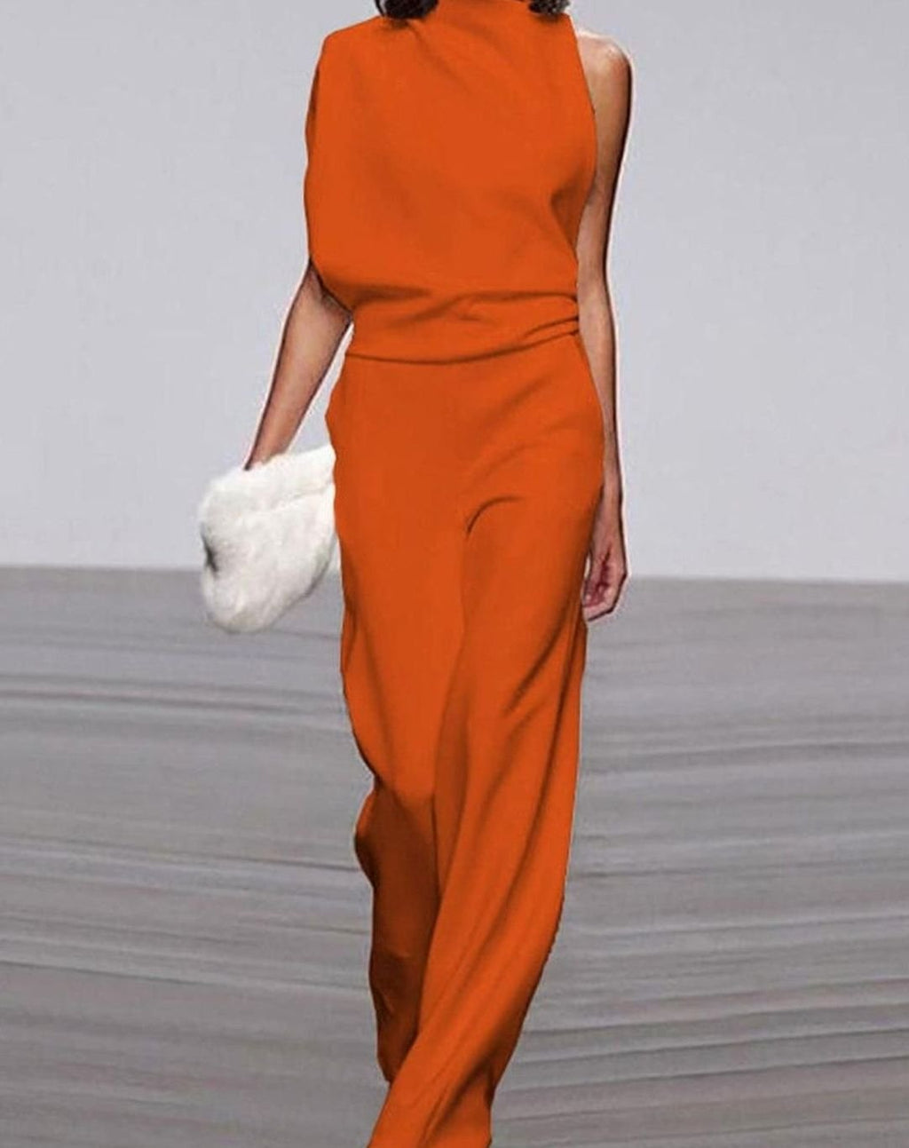 Women's Asymmetric One-Shoulder Jumpsuit High-Neck Wide-Leg Formal - Orange