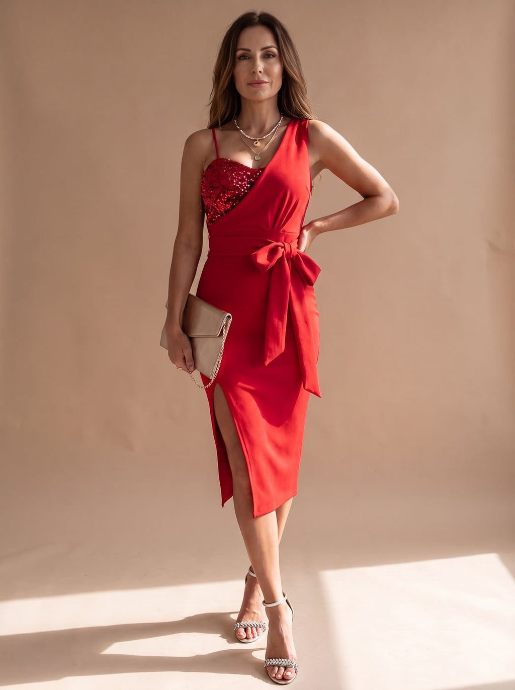 Women's Asymmetric Sequin Bodice Tie-Waist Midi Dress Side Slit - Red