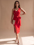 Women's Asymmetric Sequin Bodice Tie-Waist Midi Dress Side Slit - Red