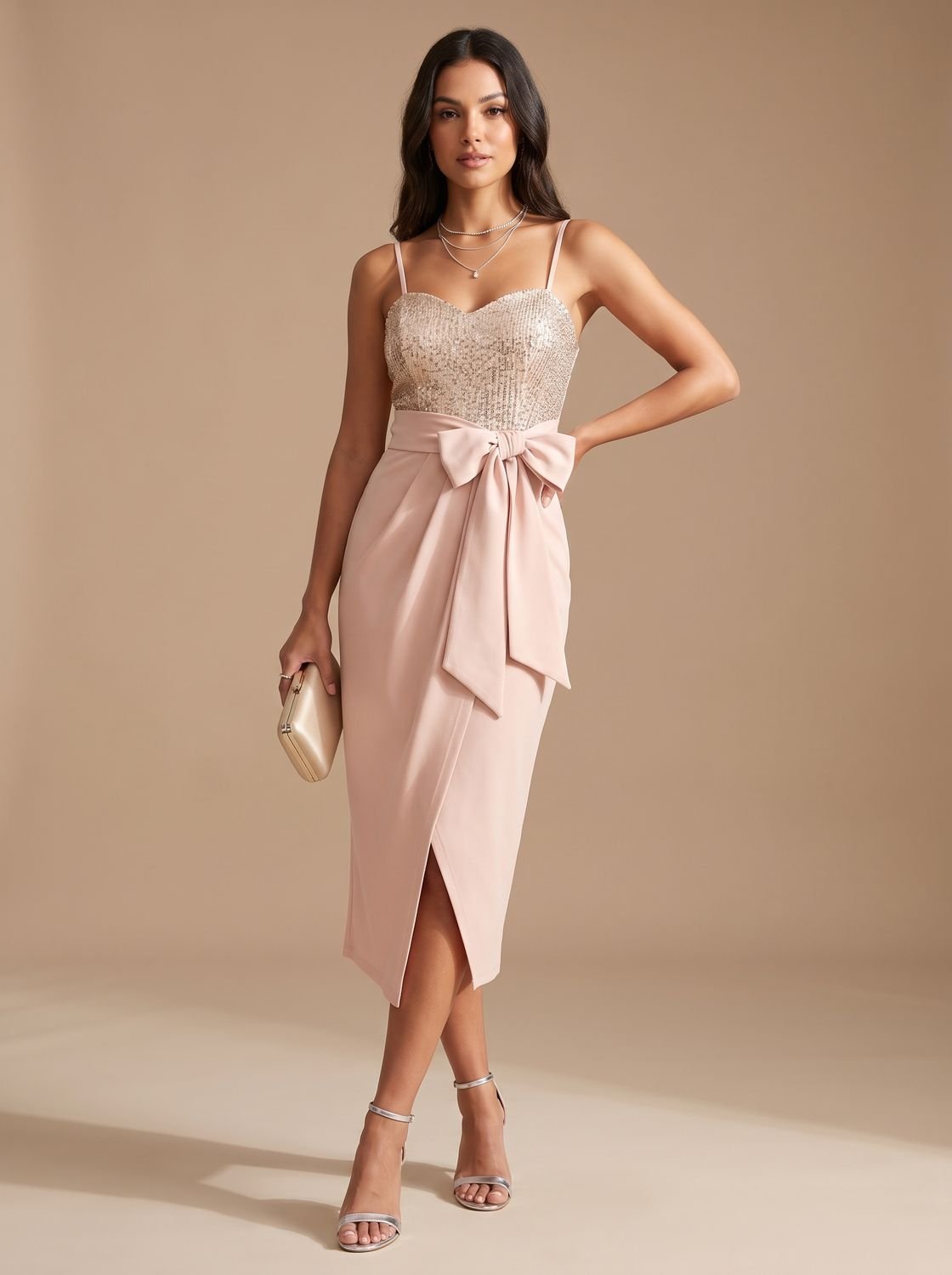 Women's Asymmetric Sequin Bodice Tie-Waist Midi Dress Side Slit - Pink