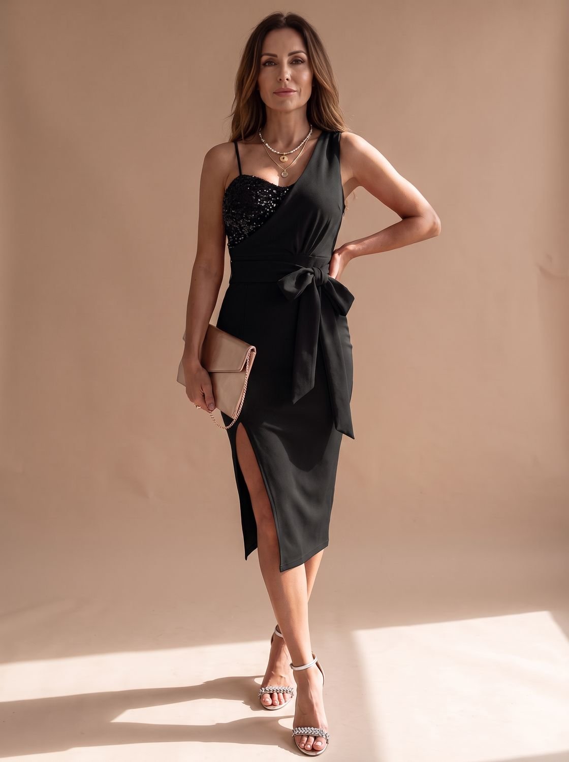 Women's Asymmetric Sequin Bodice Tie-Waist Midi Dress Side Slit - Black