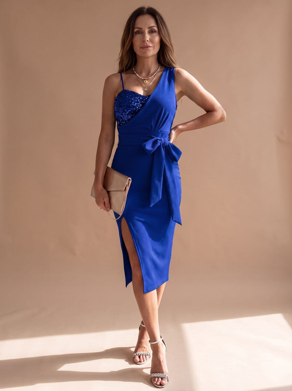 Women's Asymmetric Sequin Bodice Tie-Waist Midi Dress Side Slit - Blue