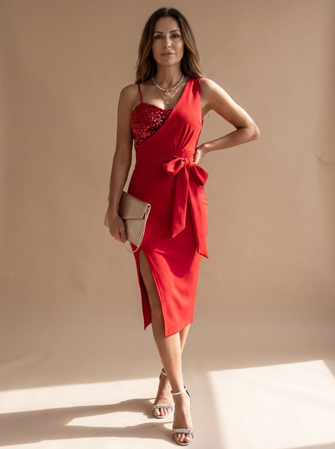 Women's Asymmetric Sequin Bodice Tie-Waist Midi Dress Side Slit