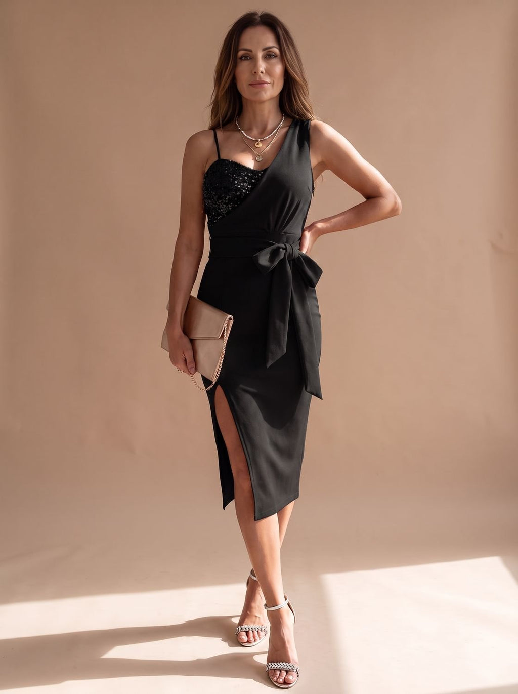Women's Asymmetric Sequin Bodice Tie-Waist Midi Dress Side Slit