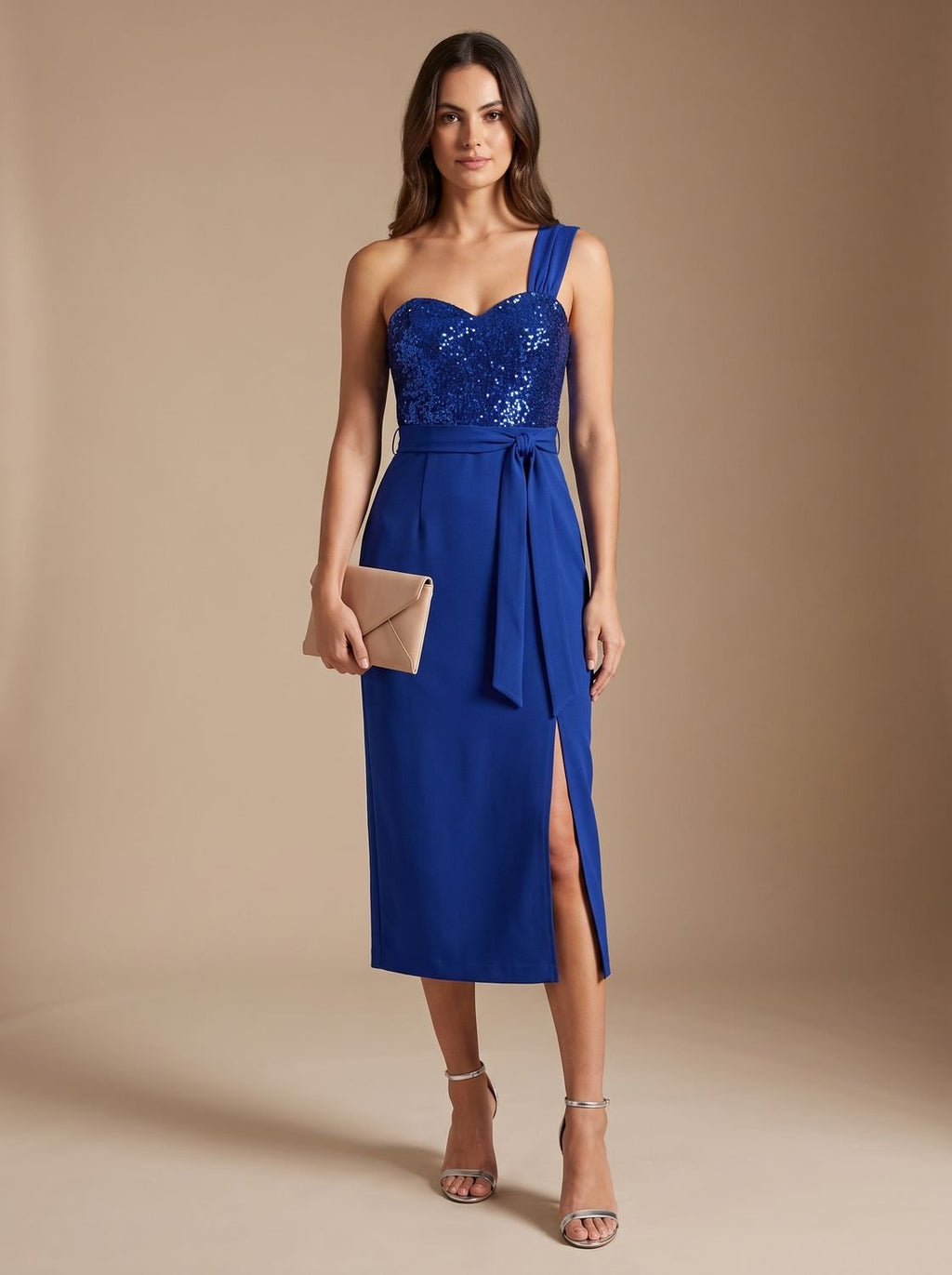 Women's Asymmetric Sequin Bodice Tie-Waist Midi Dress Side Slit