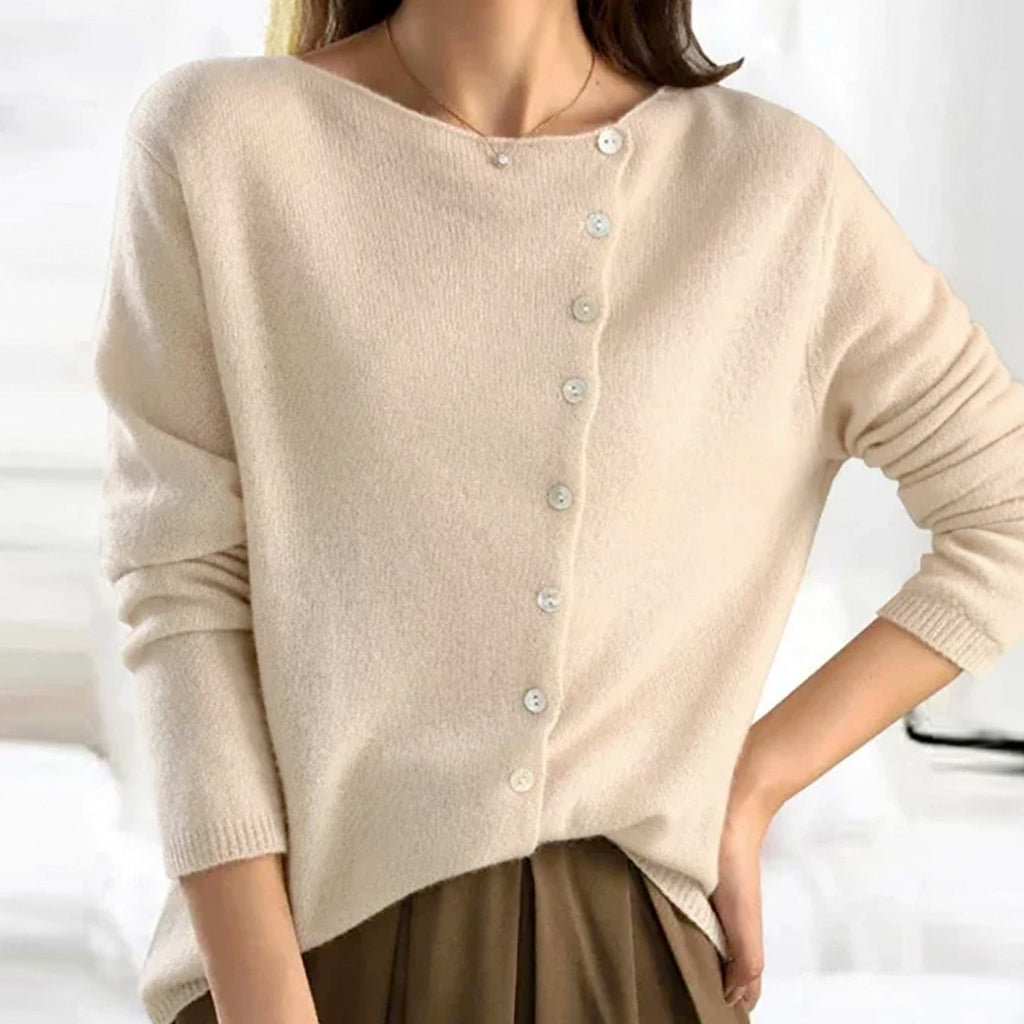 Women's Asymmetric V-Neck Long-Sleeve Button Sweater Cardigan - Beige