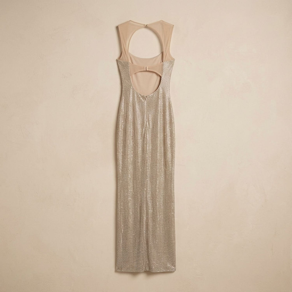 Women's Backless Fitted Sequin Maxi Dress - Silver