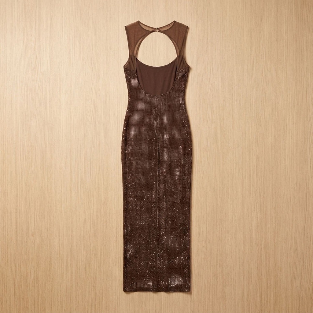 Women's Backless Fitted Sequin Maxi Dress - Brown