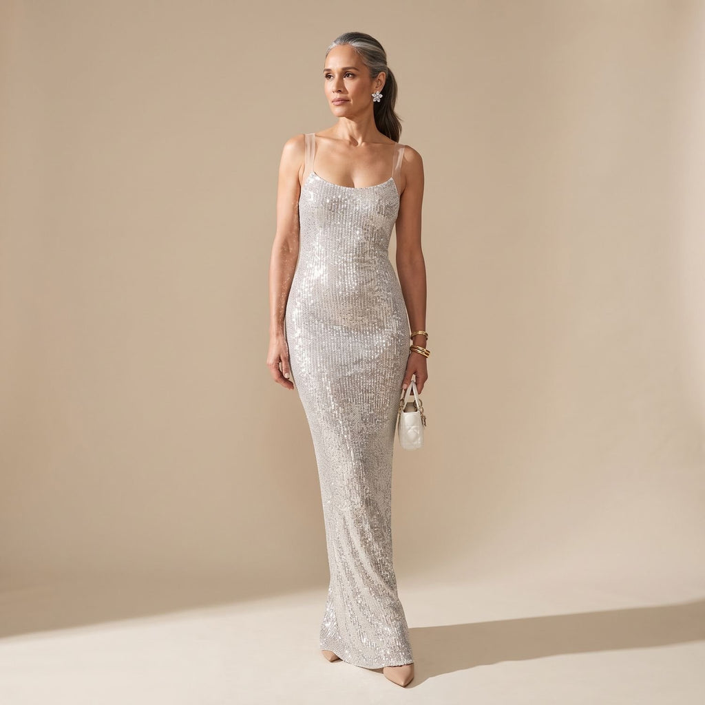 Women's Backless Fitted Sequin Maxi Dress