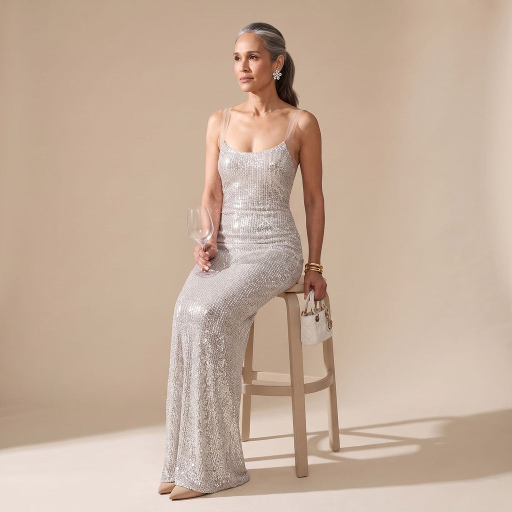 Women's Backless Fitted Sequin Maxi Dress