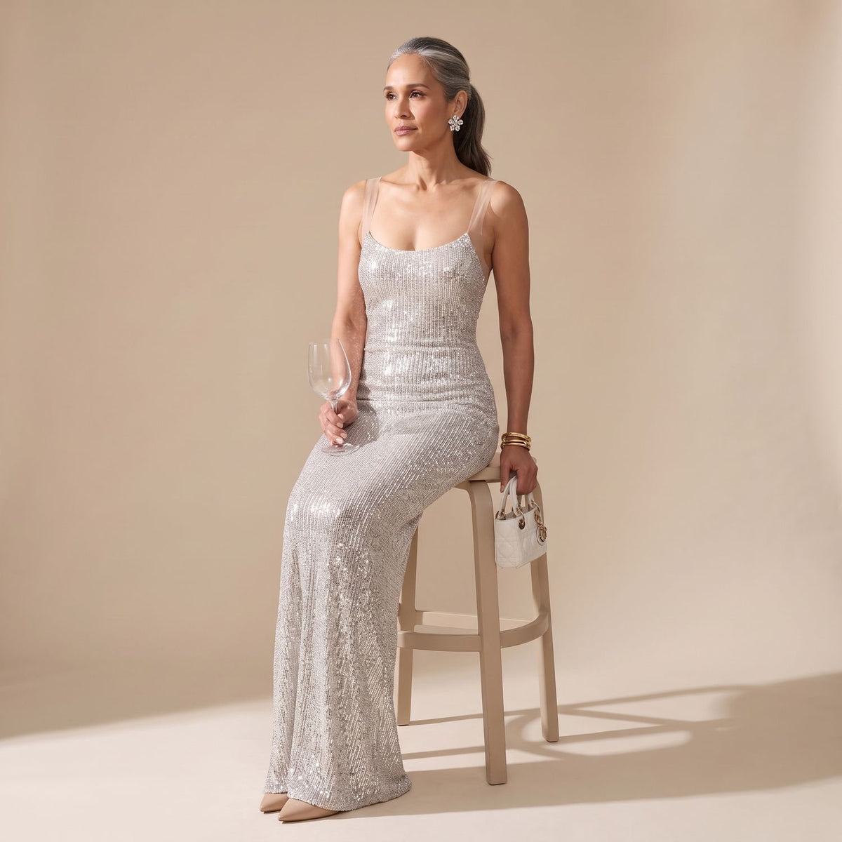 Women's Backless Fitted Sequin Maxi Dress