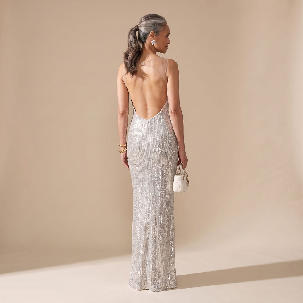 Women's Backless Fitted Sequin Maxi Dress