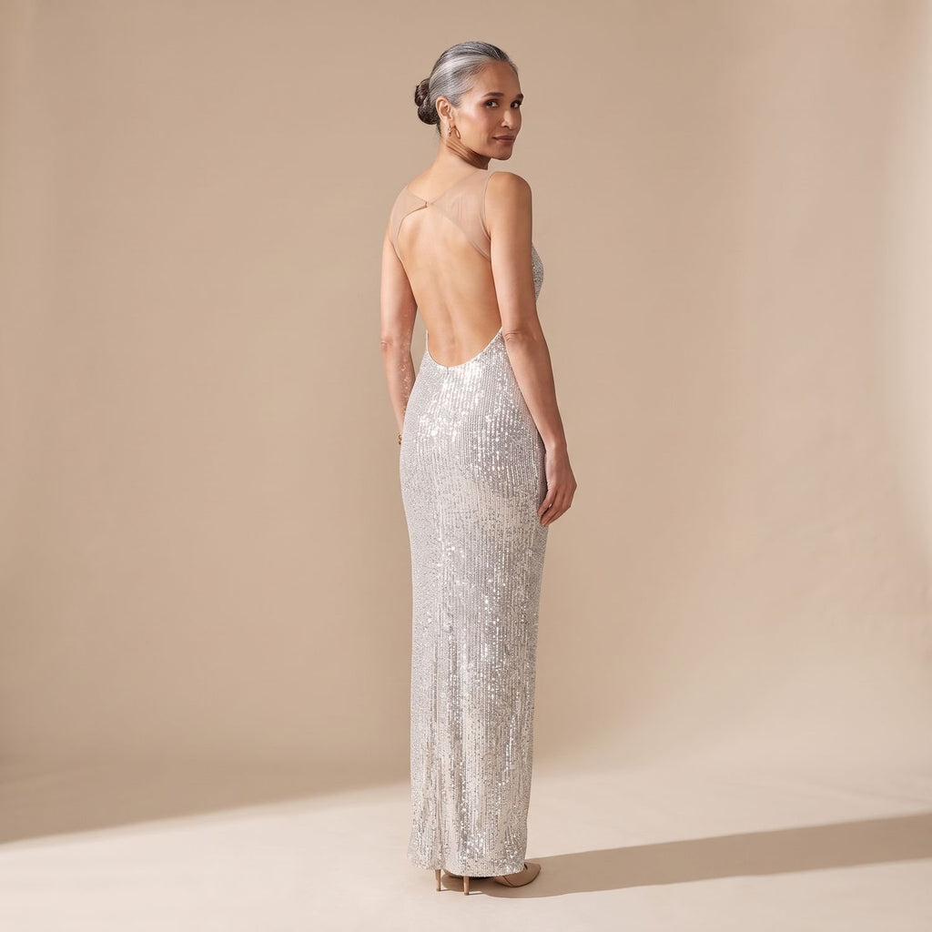 Women's Backless Fitted Sequin Maxi Dress