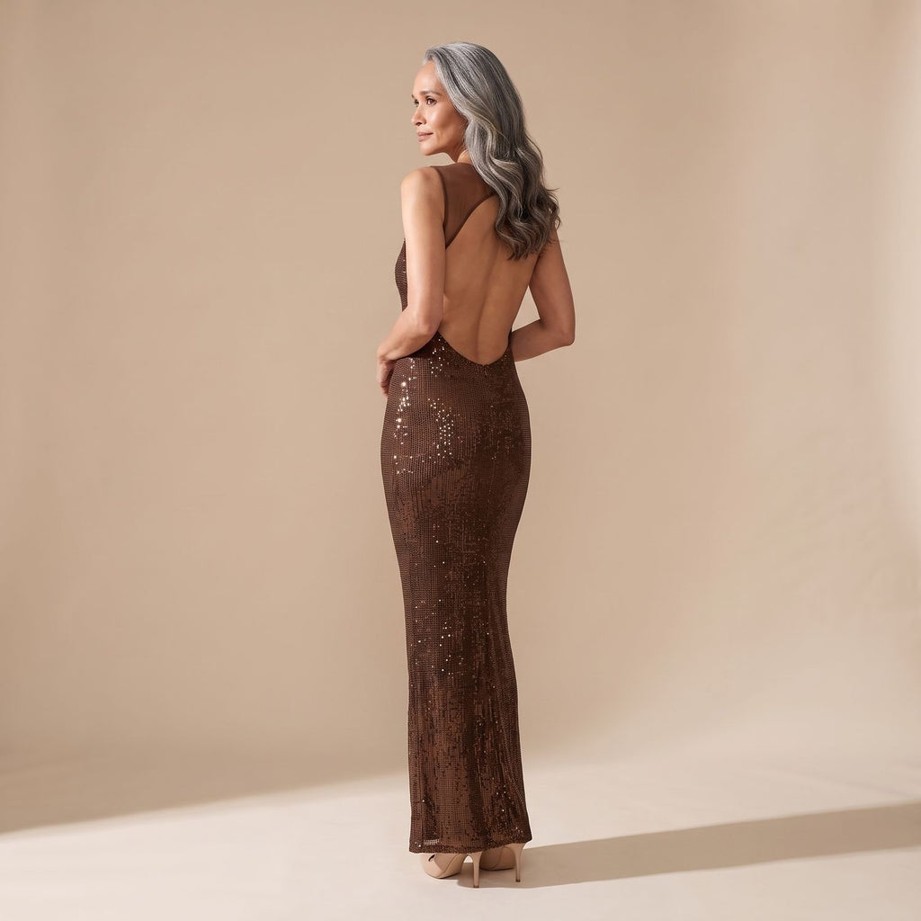 Women's Backless Fitted Sequin Maxi Dress