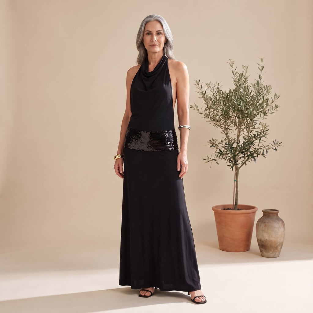 Women's Backless Halter Sequin Maxi Dress - Black