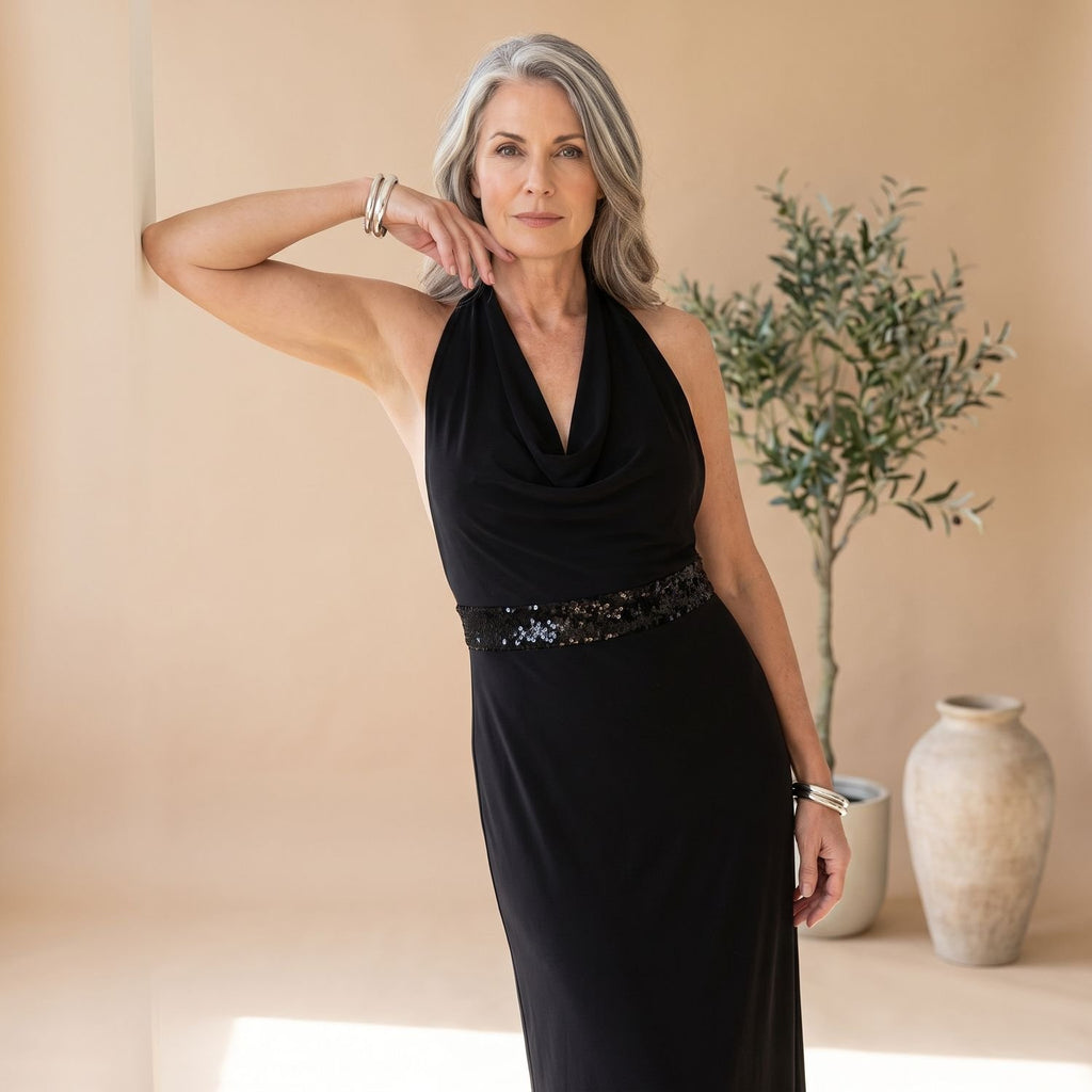 Women's Backless Halter Sequin Maxi Dress