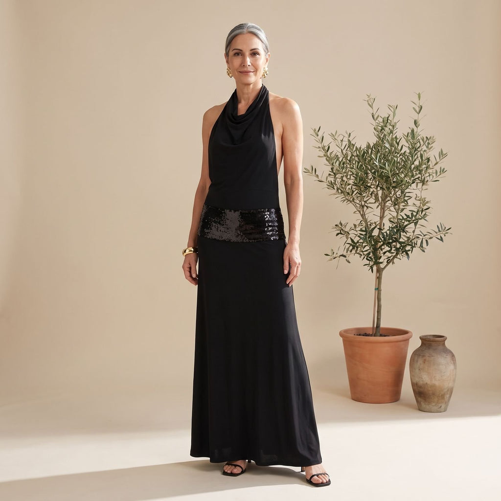 Women's Backless Halter Sequin Maxi Dress