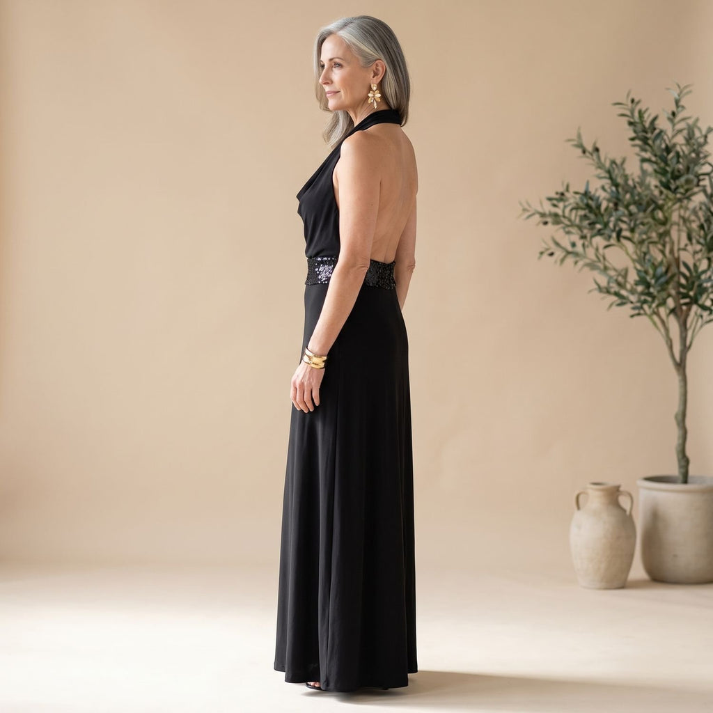 Women's Backless Halter Sequin Maxi Dress