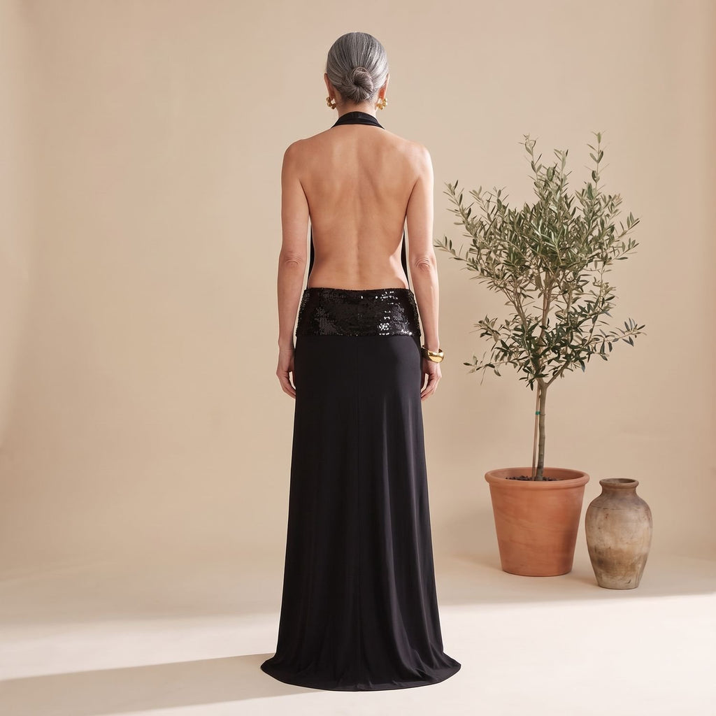 Women's Backless Halter Sequin Maxi Dress