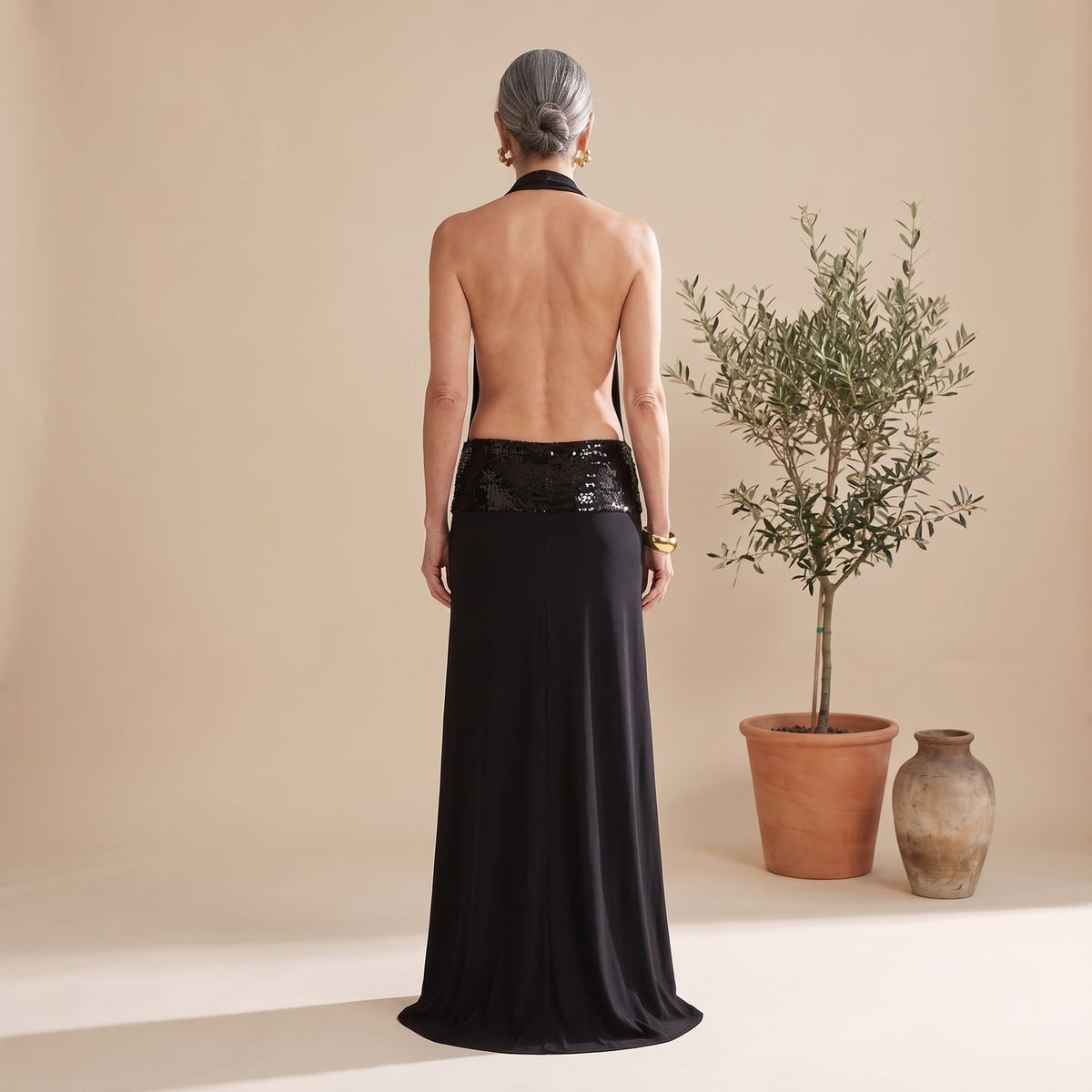 Women's Backless Halter Sequin Maxi Dress