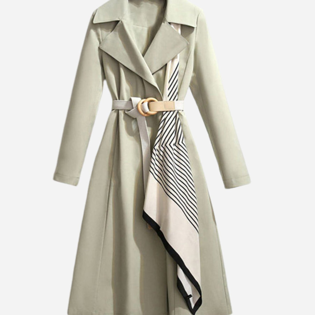 Women's Belted Coat Notch-Collar Long Trench Scarf-Accent - Green