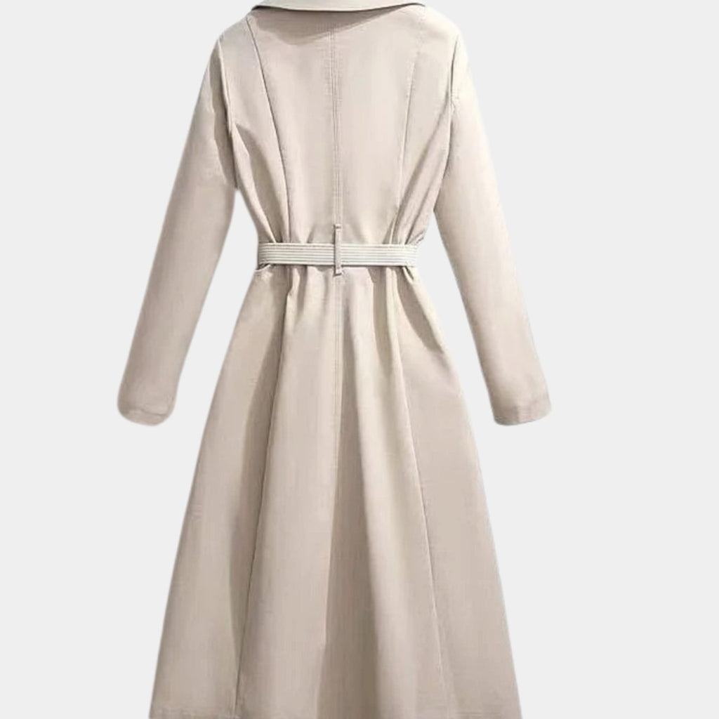 Women's Belted Coat Notch-Collar Long Trench Scarf-Accent
