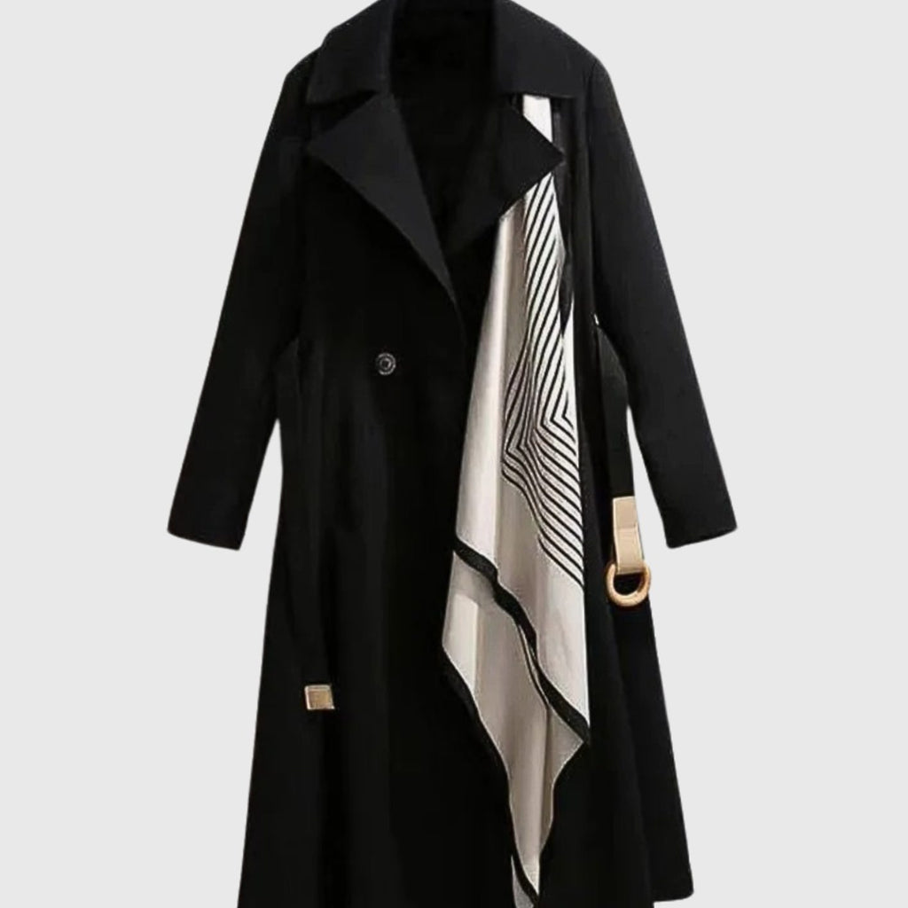 Women's Belted Coat Notch-Collar Long Trench Scarf-Accent