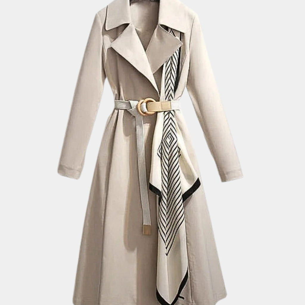 Women's Belted Coat Notch-Collar Long Trench Scarf-Accent - Beige