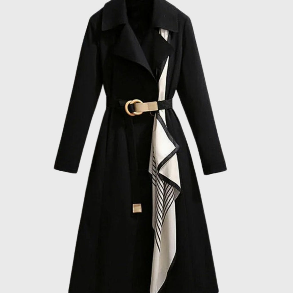 Women's Belted Coat Notch-Collar Long Trench Scarf-Accent - Black