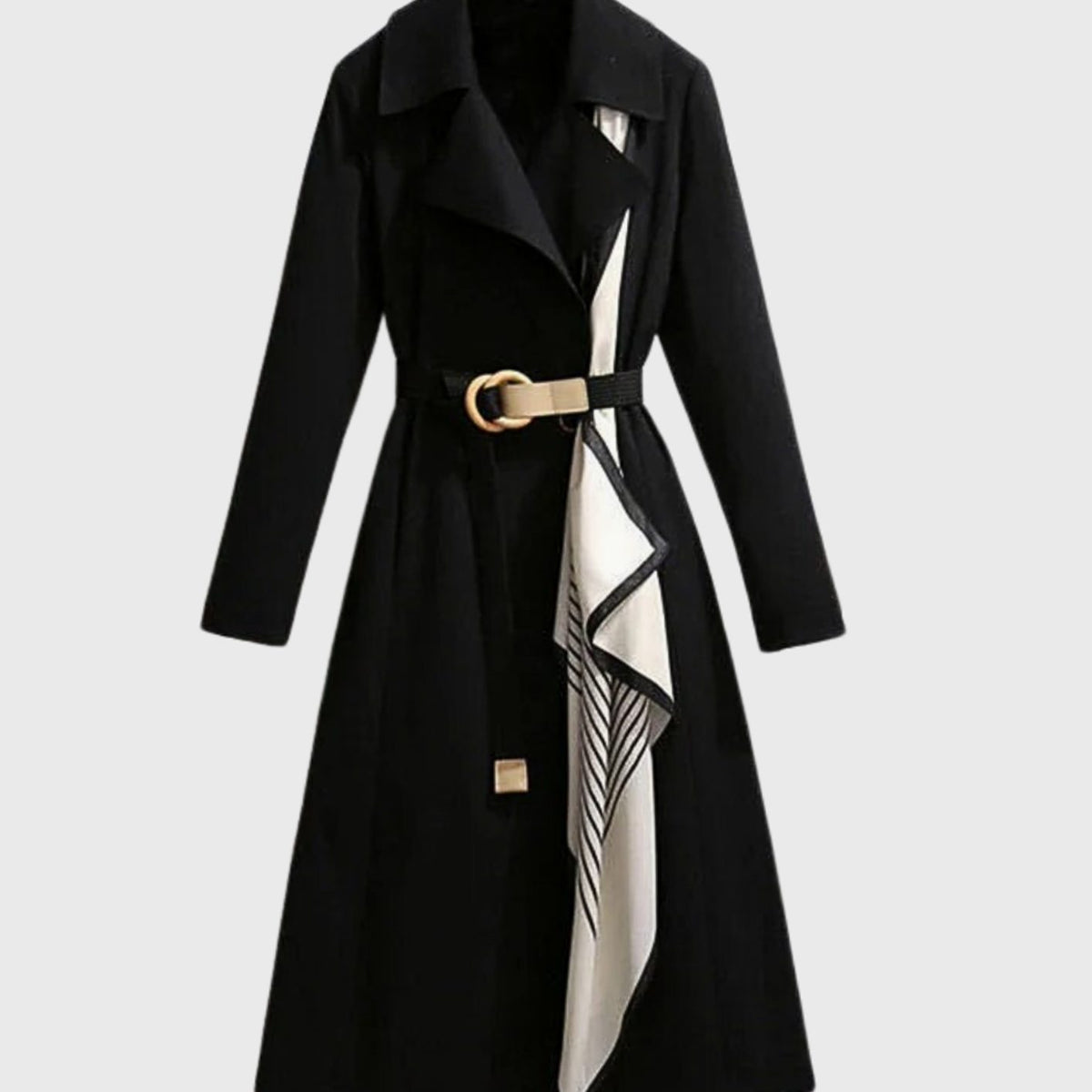 Women's Belted Coat Notch-Collar Long Trench Scarf-Accent - Black