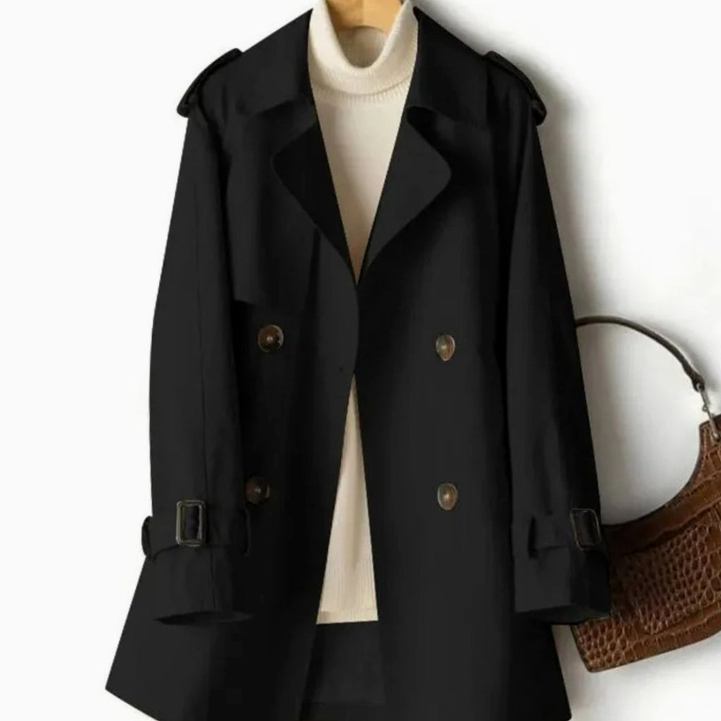 Women's Belted Double-Breasted Trench Coat Lapel Collar - Black